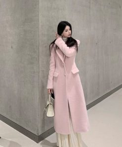 Pink Wool Coat for Women, Waist-Defining Elegant Overcoat, High-End Winter Style, Chic Fashion, Sophisticated Outerwear