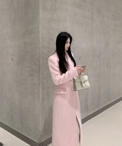 Pink Wool Coat for Women, Waist-Defining Elegant Overcoat, High-End Winter Style, Chic Fashion, Sophisticated Outerwear