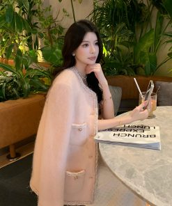 Pink Wool Small Coat for Women - Elegant High-End Winter Style, Chic Lady's Outerwear, Trendy Fashion for Sophisticated Looks