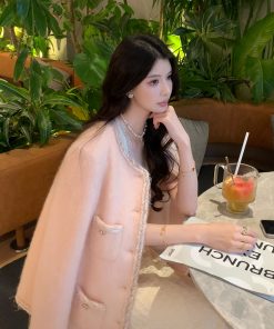 Pink Wool Small Coat for Women - Elegant High-End Winter Style, Chic Lady's Outerwear, Trendy Fashion for Sophisticated Looks