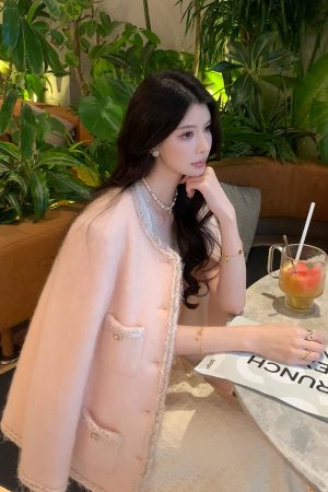 Pink Wool Small Coat for Women - Elegant High-End Winter Style, Chic Lady's Outerwear, Trendy Fashion for Sophisticated Looks