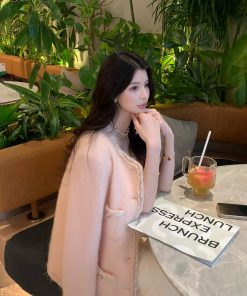 Pink Wool Small Coat for Women - Elegant High-End Winter Style, Chic Lady's Outerwear, Trendy Fashion for Sophisticated Looks