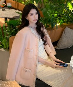 Pink Wool Small Coat for Women - Elegant High-End Winter Style, Chic Lady's Outerwear, Trendy Fashion for Sophisticated Looks