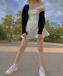 Pinstripe Pants Outfit Aesthetic, White And Pink Skirt Outfit - Soft Girl Lace Up Mini Dress
