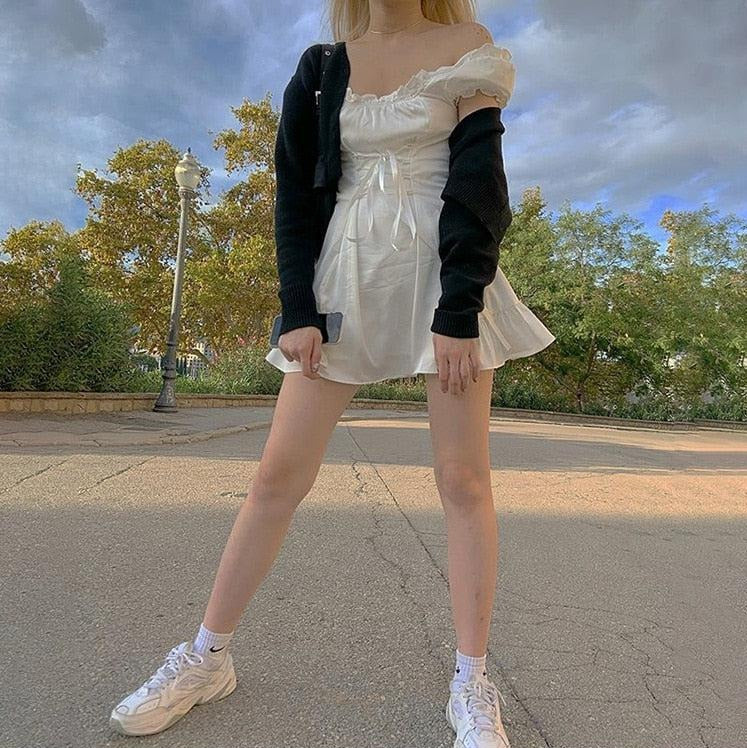 Pinstripe Pants Outfit Aesthetic, White And Pink Skirt Outfit - Soft Girl Lace Up Mini Dress Pinstripe Pants Outfit Aesthetic, White And Pink Skirt Outfit - Soft Girl Lace Up Mini Dress