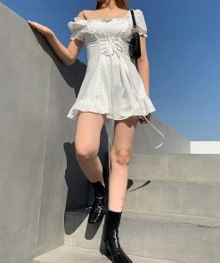 Pinstripe Pants Outfit Aesthetic, White And Pink Skirt Outfit - Soft Girl Lace Up Mini Dress