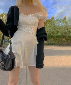 Pinstripe Pants Outfit Aesthetic, White And Pink Skirt Outfit - Soft Girl Lace Up Mini Dress