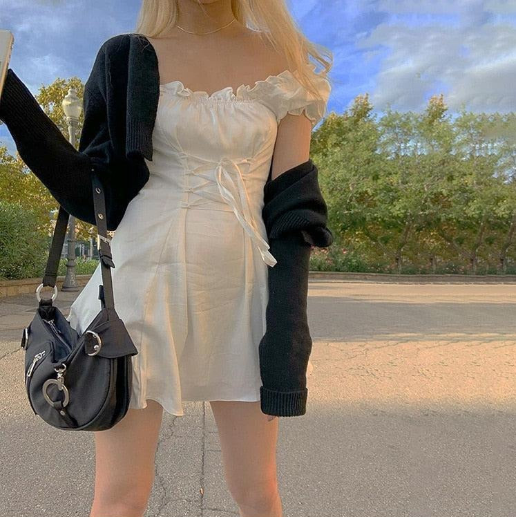 Pinstripe Pants Outfit Aesthetic, White And Pink Skirt Outfit - Soft Girl Lace Up Mini Dress Pinstripe Pants Outfit Aesthetic, White And Pink Skirt Outfit - Soft Girl Lace Up Mini Dress