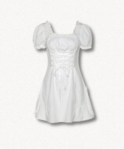 Pinstripe Pants Outfit Aesthetic, White And Pink Skirt Outfit - Soft Girl Lace Up Mini Dress