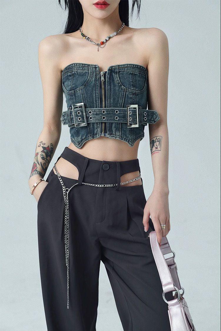 Pj Day Inspo, Princess Polly Pjs - Cowgirl Crop Denim Tube Top