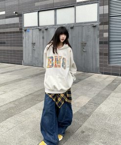 Plaid Color-Block Hoodie for Women - Casual Loose Fit American Style Sweatshirt for Men and Women, Trendy Couples Fashion