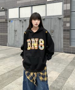 Plaid Color-Block Hoodie for Women - Casual Loose Fit American Style Sweatshirt for Men and Women, Trendy Couples Fashion
