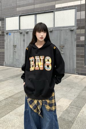 Plaid Color-Block Hoodie for Women - Casual Loose Fit American Style Sweatshirt for Men and Women, Trendy Couples Fashion