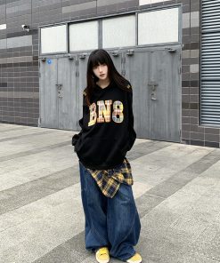 Plaid Color-Block Hoodie for Women - Casual Loose Fit American Style Sweatshirt for Men and Women, Trendy Couples Fashion