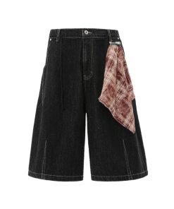 Plaid Fabric Decoration Vintage Straight Leg Raw Color Denim Capris - Summer 2025 Trend, American Style