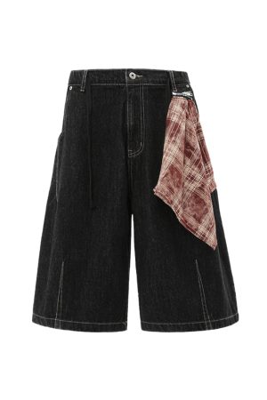 Plaid Fabric Decoration Vintage Straight Leg Raw Color Denim Capris - Summer 2025 Trend, American Style