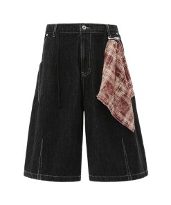 Plaid Fabric Decoration Vintage Straight Leg Raw Color Denim Capris - Summer 2025 Trend, American Style