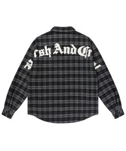 Plaid Gothic Text Patchwork Long-Sleeve Shirt - American Street Style, Embroidered Design, Edgy 90s Aesthetic Fashion Top