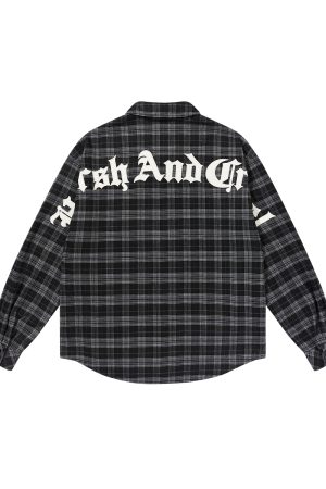Plaid Gothic Text Patchwork Long-Sleeve Shirt - American Street Style, Embroidered Design, Edgy 90s Aesthetic Fashion Top
