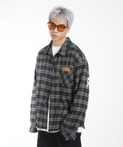 Plaid Gothic Text Patchwork Long-Sleeve Shirt - American Street Style, Embroidered Design, Edgy 90s Aesthetic Fashion Top