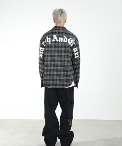 Plaid Gothic Text Patchwork Long-Sleeve Shirt - American Street Style, Embroidered Design, Edgy 90s Aesthetic Fashion Top