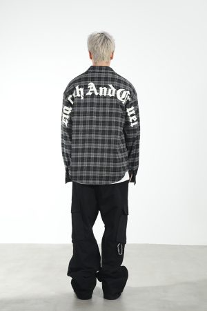 Plaid Gothic Text Patchwork Long-Sleeve Shirt - American Street Style, Embroidered Design, Edgy 90s Aesthetic Fashion Top