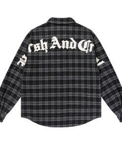 Plaid Gothic Text Patchwork Long-Sleeve Shirt - American Street Style, Embroidered Design, Edgy 90s Aesthetic Fashion Top