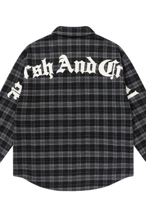 Plaid Gothic Text Patchwork Long-Sleeve Shirt - American Street Style, Embroidered Design, Edgy 90s Aesthetic Fashion Top