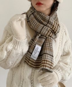 Plaid Khaki Cashmere-Like Scarf for Women, 2025 Winter Style, Versatile Korean-Inspired Shawl Neck Wrap