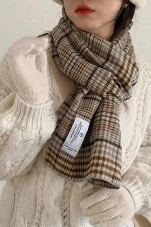 Plaid Khaki Cashmere-Like Scarf for Women, 2025 Winter Style, Versatile Korean-Inspired Shawl Neck Wrap