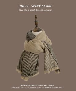Plaid Khaki Cashmere-Like Scarf for Women, 2025 Winter Style, Versatile Korean-Inspired Shawl Neck Wrap