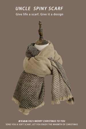 Plaid Khaki Cashmere-Like Scarf for Women, 2025 Winter Style, Versatile Korean-Inspired Shawl Neck Wrap
