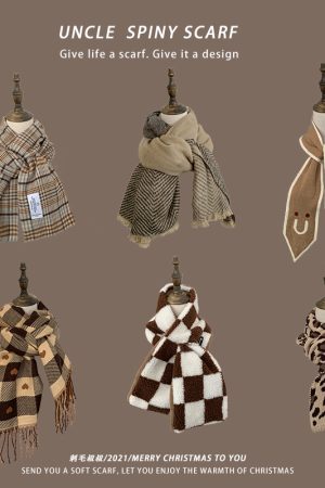 Plaid Khaki Cashmere-Like Scarf for Women, 2025 Winter Style, Versatile Korean-Inspired Shawl Neck Wrap