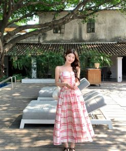 Plaid Patchwork Lace Strapless Dress for Women with Detachable Straps & Waist Cinching - Y2K Inspired Fashion