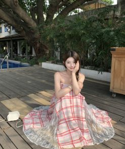 Plaid Patchwork Lace Strapless Dress for Women with Detachable Straps & Waist Cinching - Y2K Inspired Fashion