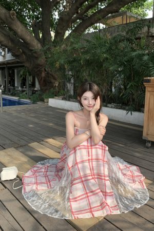 Plaid Patchwork Lace Strapless Dress for Women with Detachable Straps & Waist Cinching - Y2K Inspired Fashion