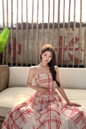 Plaid Patchwork Lace Strapless Dress for Women with Detachable Straps & Waist Cinching - Y2K Inspired Fashion