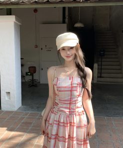 Plaid Patchwork Lace Strapless Dress for Women with Detachable Straps & Waist Cinching - Y2K Inspired Fashion