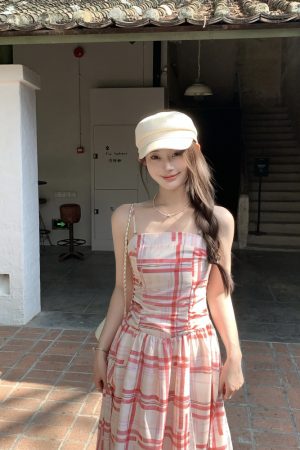 Plaid Patchwork Lace Strapless Dress for Women with Detachable Straps & Waist Cinching - Y2K Inspired Fashion