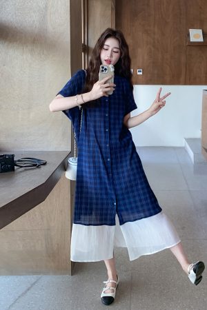 Plaid Patchwork Shirt Dress for Women - 2025 Summer French Vintage Style, Waist-Cinching, Slimming, Elegant Long Dress