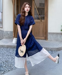 Plaid Patchwork Shirt Dress for Women - 2025 Summer French Vintage Style, Waist-Cinching, Slimming, Elegant Long Dress