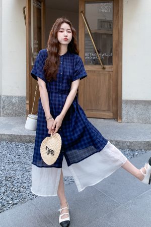 Plaid Patchwork Shirt Dress for Women - 2025 Summer French Vintage Style, Waist-Cinching, Slimming, Elegant Long Dress