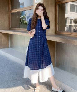 Plaid Patchwork Shirt Dress for Women - 2025 Summer French Vintage Style, Waist-Cinching, Slimming, Elegant Long Dress
