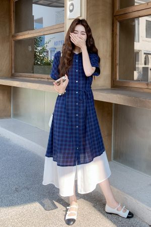 Plaid Patchwork Shirt Dress for Women - 2025 Summer French Vintage Style, Waist-Cinching, Slimming, Elegant Long Dress