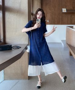 Plaid Patchwork Shirt Dress for Women - 2025 Summer French Vintage Style, Waist-Cinching, Slimming, Elegant Long Dress