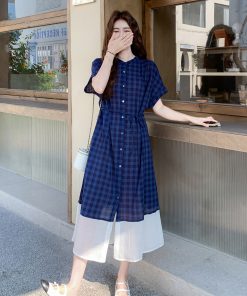 Plaid Patchwork Shirt Dress for Women - 2025 Summer French Vintage Style, Waist-Cinching, Slimming, Elegant Long Dress