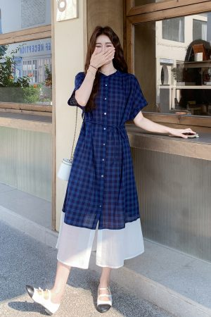 Plaid Patchwork Shirt Dress for Women - 2025 Summer French Vintage Style, Waist-Cinching, Slimming, Elegant Long Dress