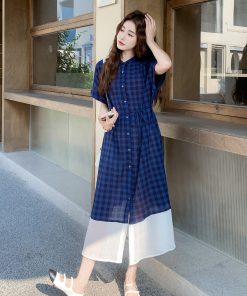 Plaid Patchwork Shirt Dress for Women - 2025 Summer French Vintage Style, Waist-Cinching, Slimming, Elegant Long Dress