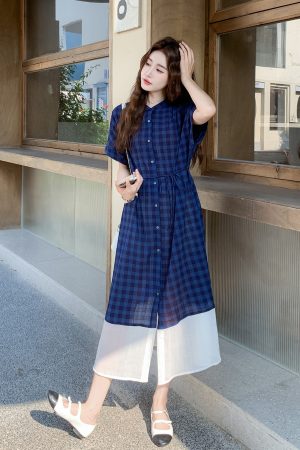 Plaid Patchwork Shirt Dress for Women - 2025 Summer French Vintage Style, Waist-Cinching, Slimming, Elegant Long Dress