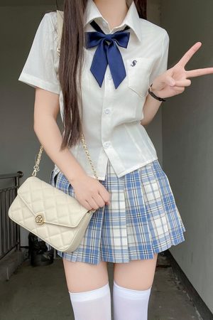Plaid Pleated JK Uniform Skirt - Adjustable Checkered College Style, Y2K Pudding Bear Original Design